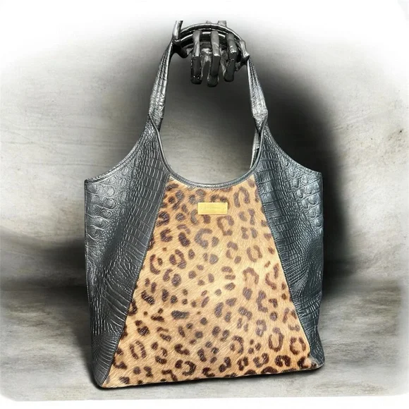 🐆🖤Vintage BRAHMIN Leopard print calf hair & Genuine Leather Shopper Tote Bag🐆EUC - Picture 1 of 17
